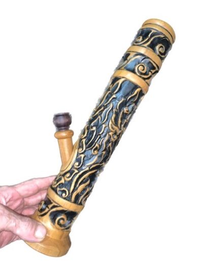 Luxury Teak Wood Thai Hand Carved Bong with Traditional Lai Thai Flames and Black Laquer 35 CM High