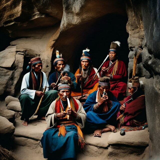 A descriptive and highly illustrative photograph of Tibetan Shamans in the Himalayas smoking pipes in a ritual