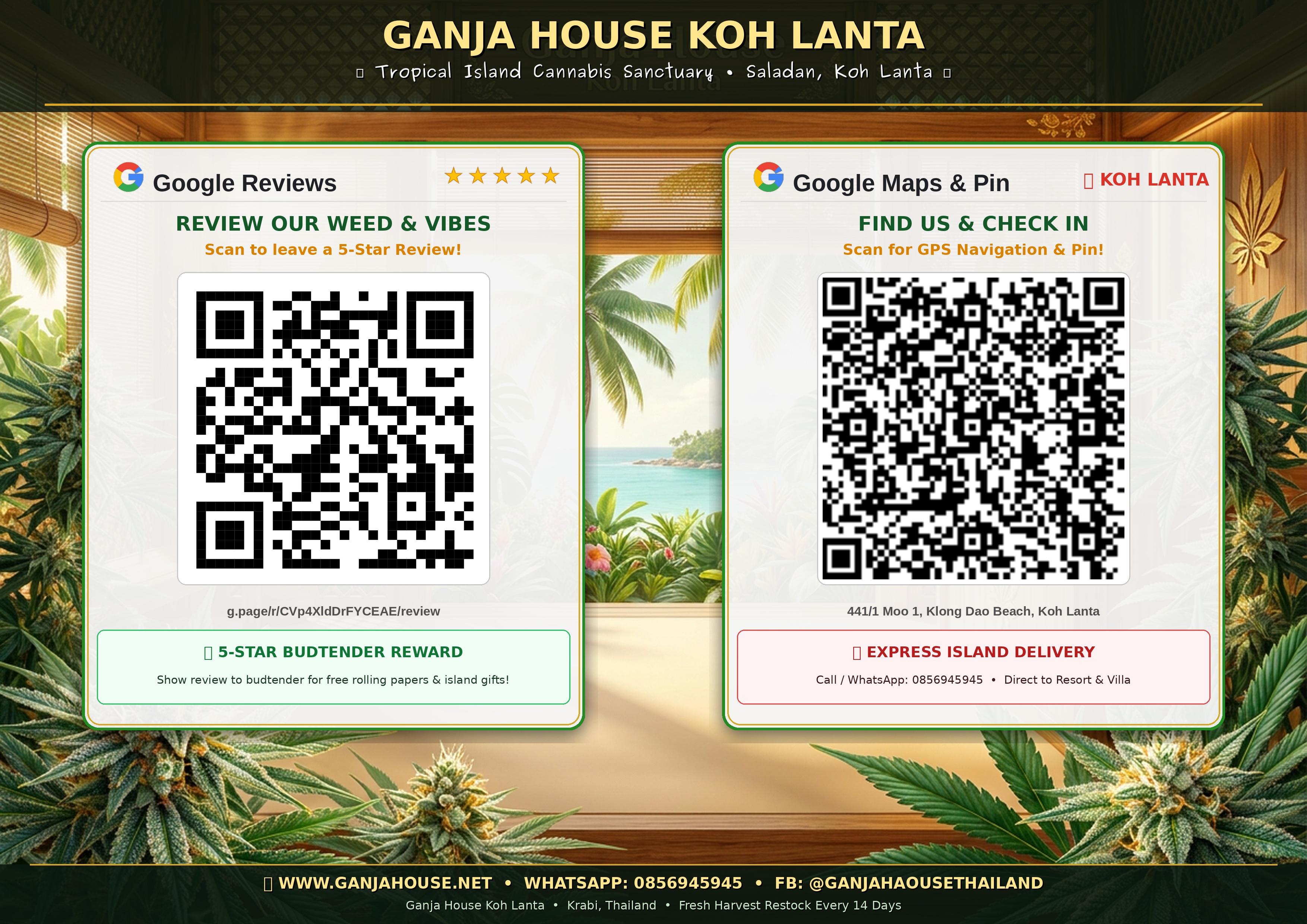Ganja House Koh Lanta Table Tent Review Display