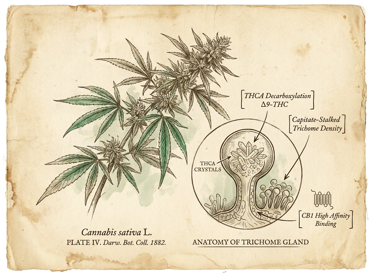 Darwinian Botanical Infographic of Trichome Gland and THCA Synthesis