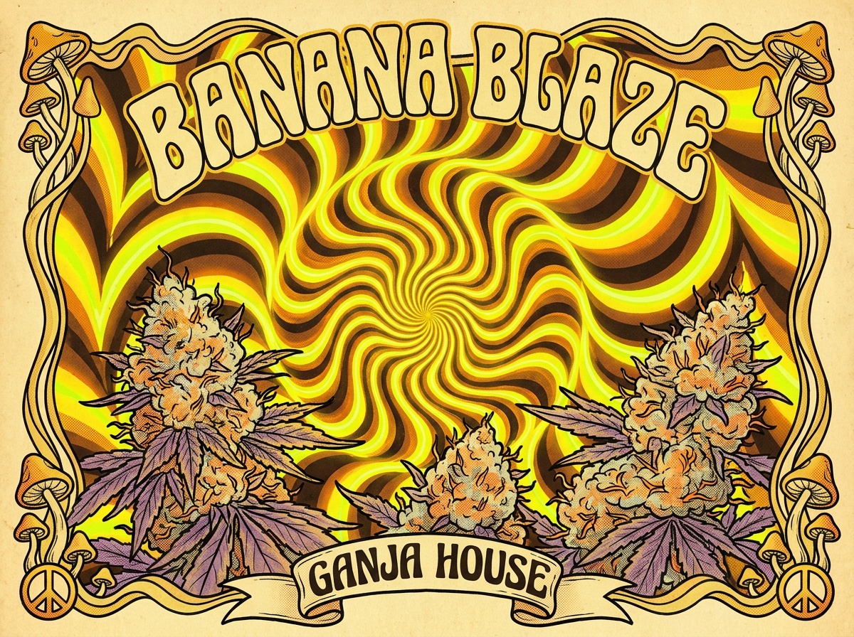 Banana Blaze 1970s Retro Botanical Psychedelic Poster Art