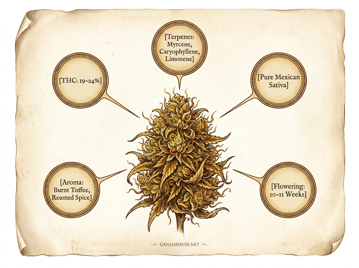 Acapulco Gold Botanical Infographic on Antique Parchment