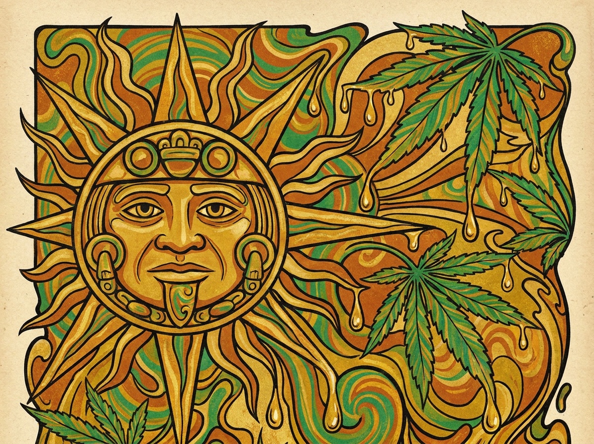 1970s Psychedelic Counterculture Aztec Sun Art for Acapulco Gold