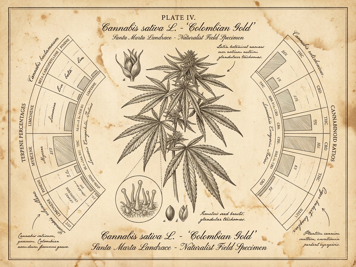 Colombian Gold Botanical Infographic on Antique Parchment