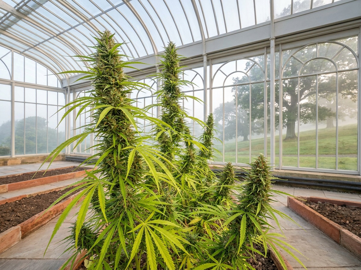 Cannabis sativa Amnesia Haze growing in a high-tech glasshouse observatory