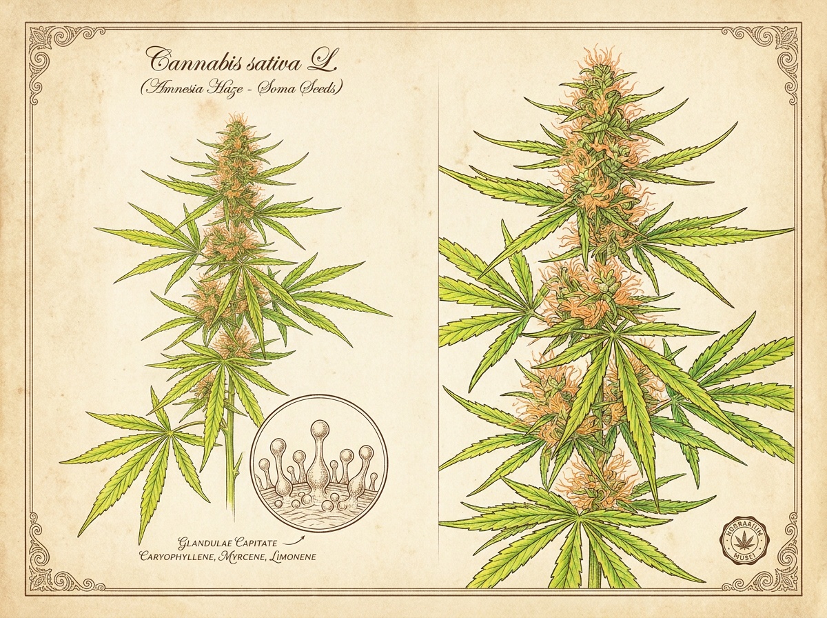 Antique botanical taxonomic plate of Cannabis sativa Amnesia Haze