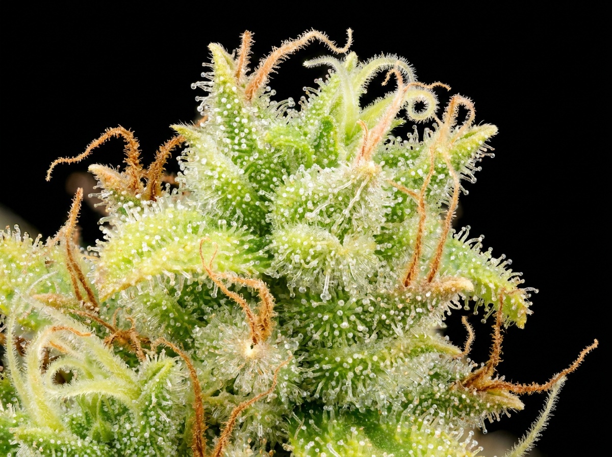 Ultra-sharp extreme macro studio photograph of cured Amnesia Haze calyx cluster