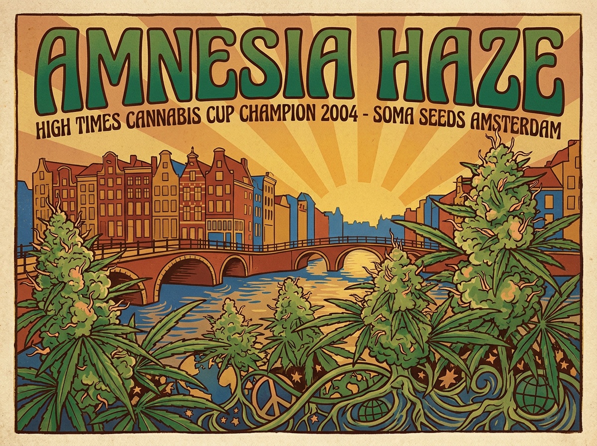 Vintage silkscreen travel poster art celebrating Amnesia Haze and Amsterdam Cannabis Cup heritage