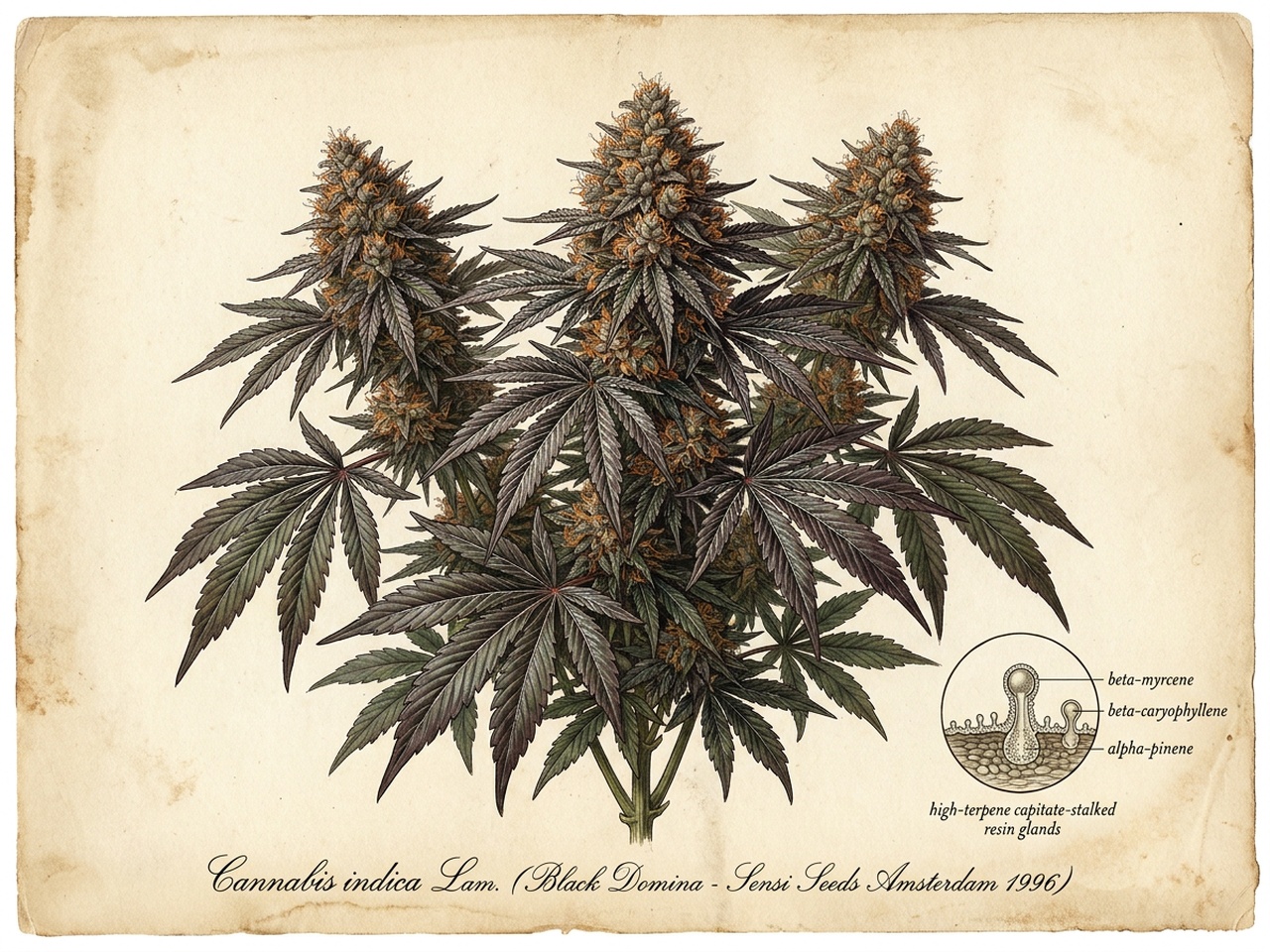 Cannabis indica Black Domina Antique Botanical Taxonomic Plate