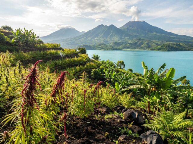 Cannabis sativa Congolese Red landrace flourishing on volcanic terraced mountain slopes overlooking Lake Kivu
