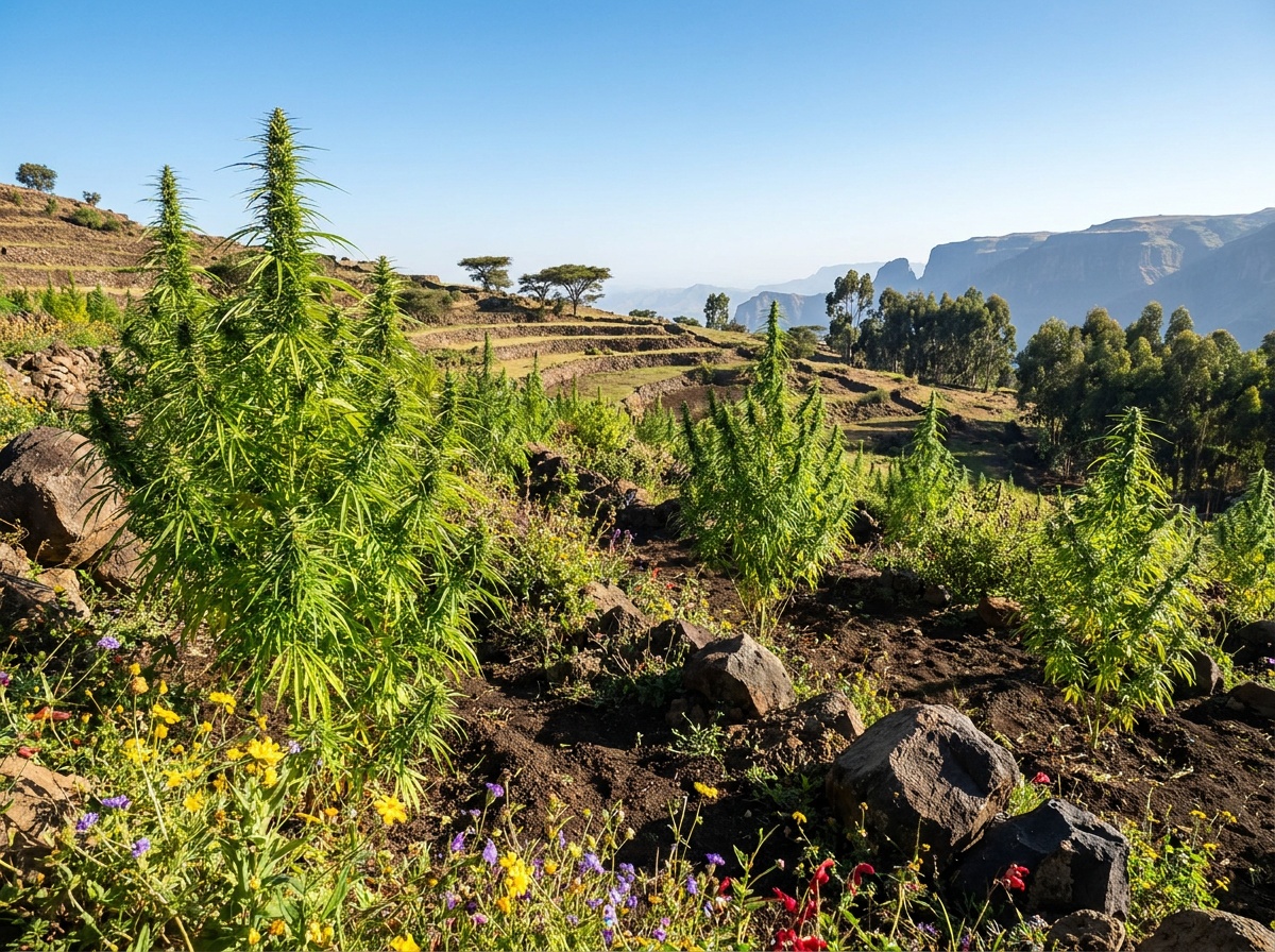 Cannabis sativa Ethiopian Highland landrace flourishing on volcanic terraced slopes in Shewa Highlands