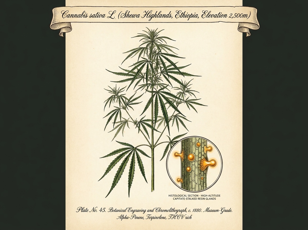 Antique scientific botanical illustration of Cannabis sativa Ethiopian Highland Landrace from Shewa Highlands