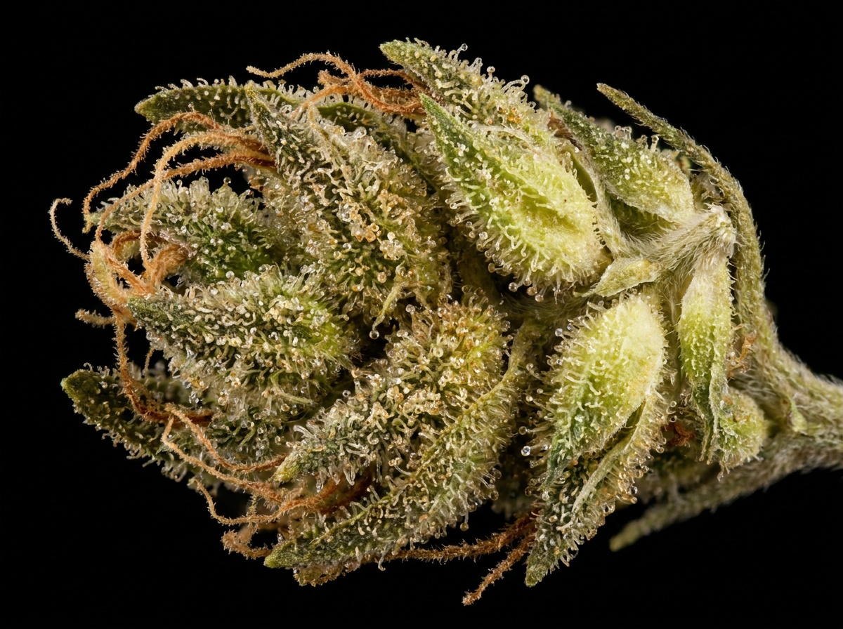 Extreme macro photography of cured Cannabis sativa Ethiopian Highland Landrace floral calyx cluster with resin glands