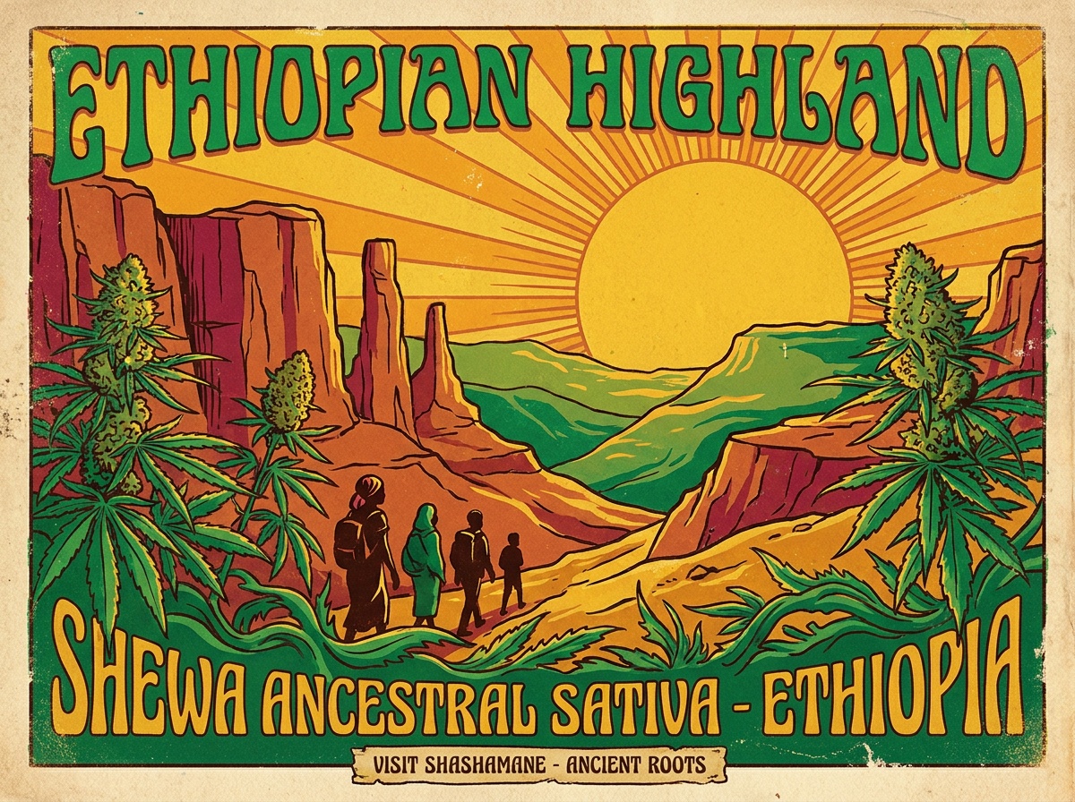 Vintage silkscreen travel poster celebrating Ethiopian Highland Landrace and East African cannabis heritage