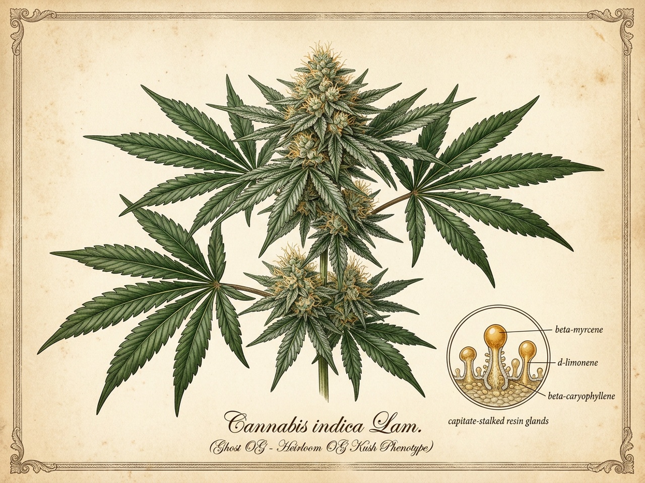 Cannabis indica Ghost OG Botanical Taxonomic Chromolithograph Plate