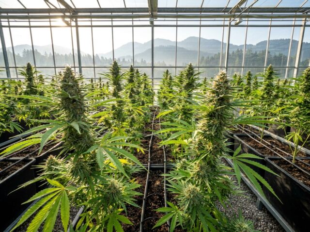 Cannabis sativa Ghost Train Haze canopy flourishing in a high-tech European botanical glasshouse conservatory