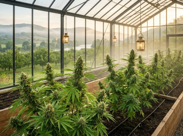 Cannabis sativa Green Crack canopy thriving in a high-tech European botanical glasshouse conservatory