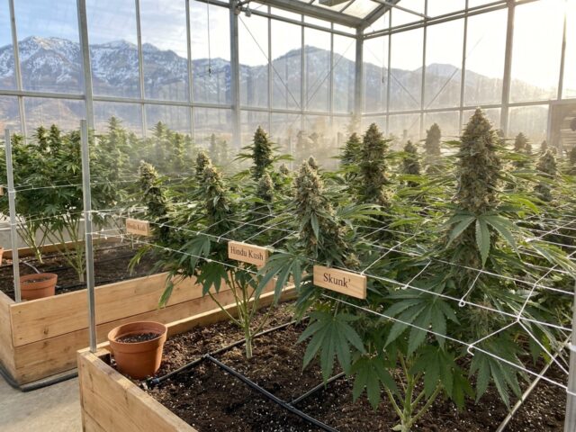 Plate I: Commercial greenhouse cultivation banner of mature flowering Hindu Kush Skunk canopy