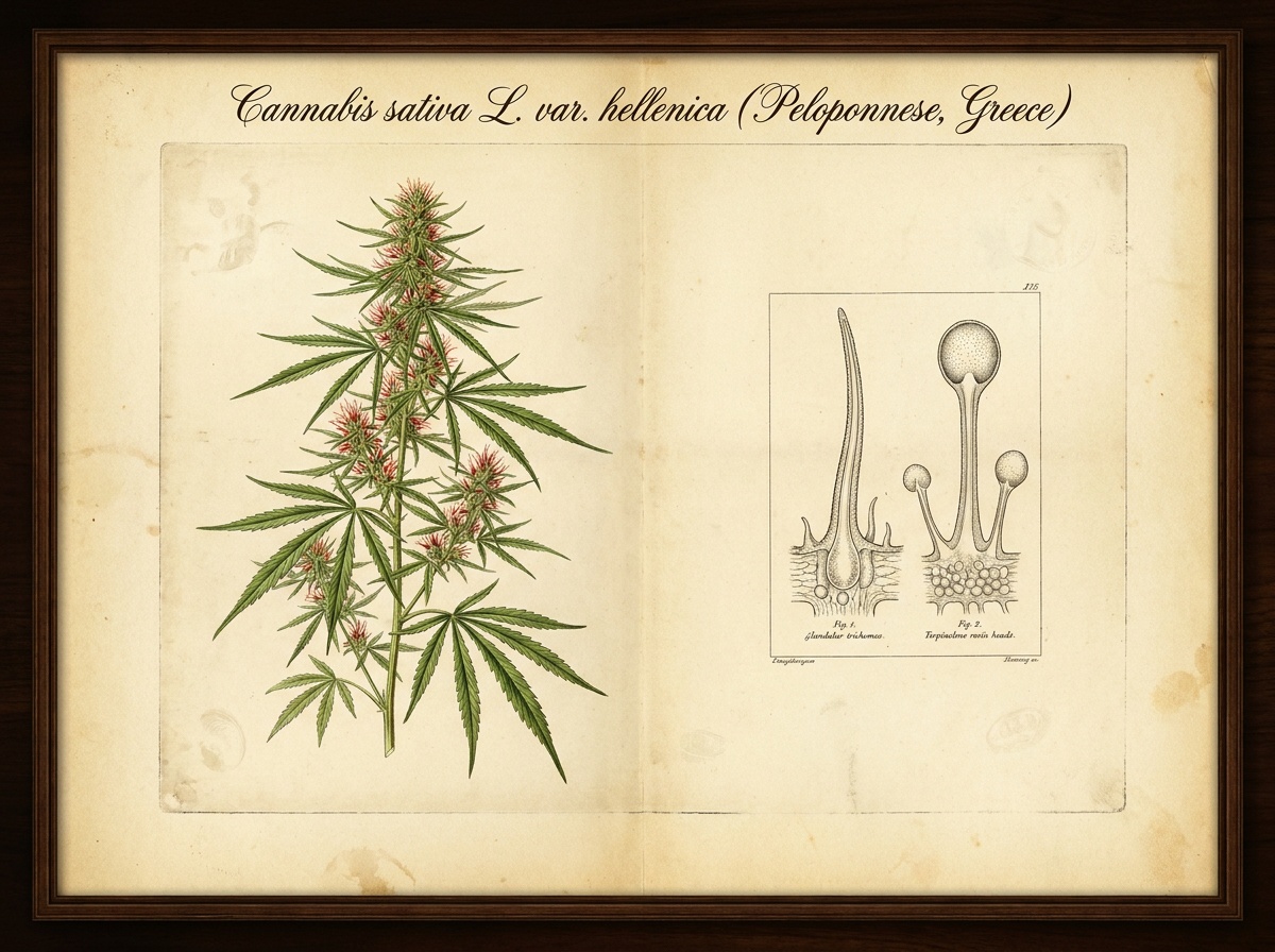 Cannabis Sativa var Hellenica Botanical Taxonomic Plate Kalamata Red