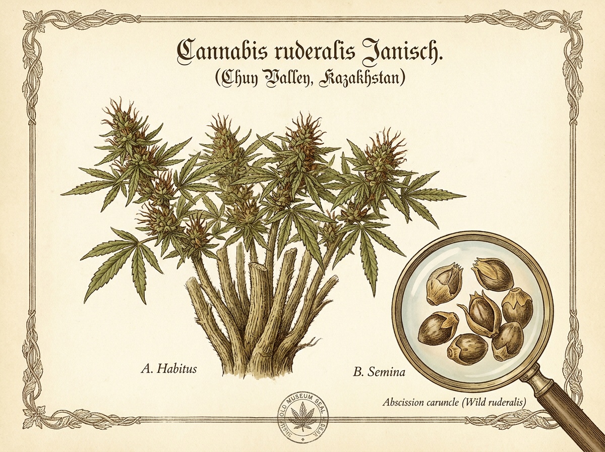 Cannabis ruderalis Janisch. Botanical Taxonomic Plate