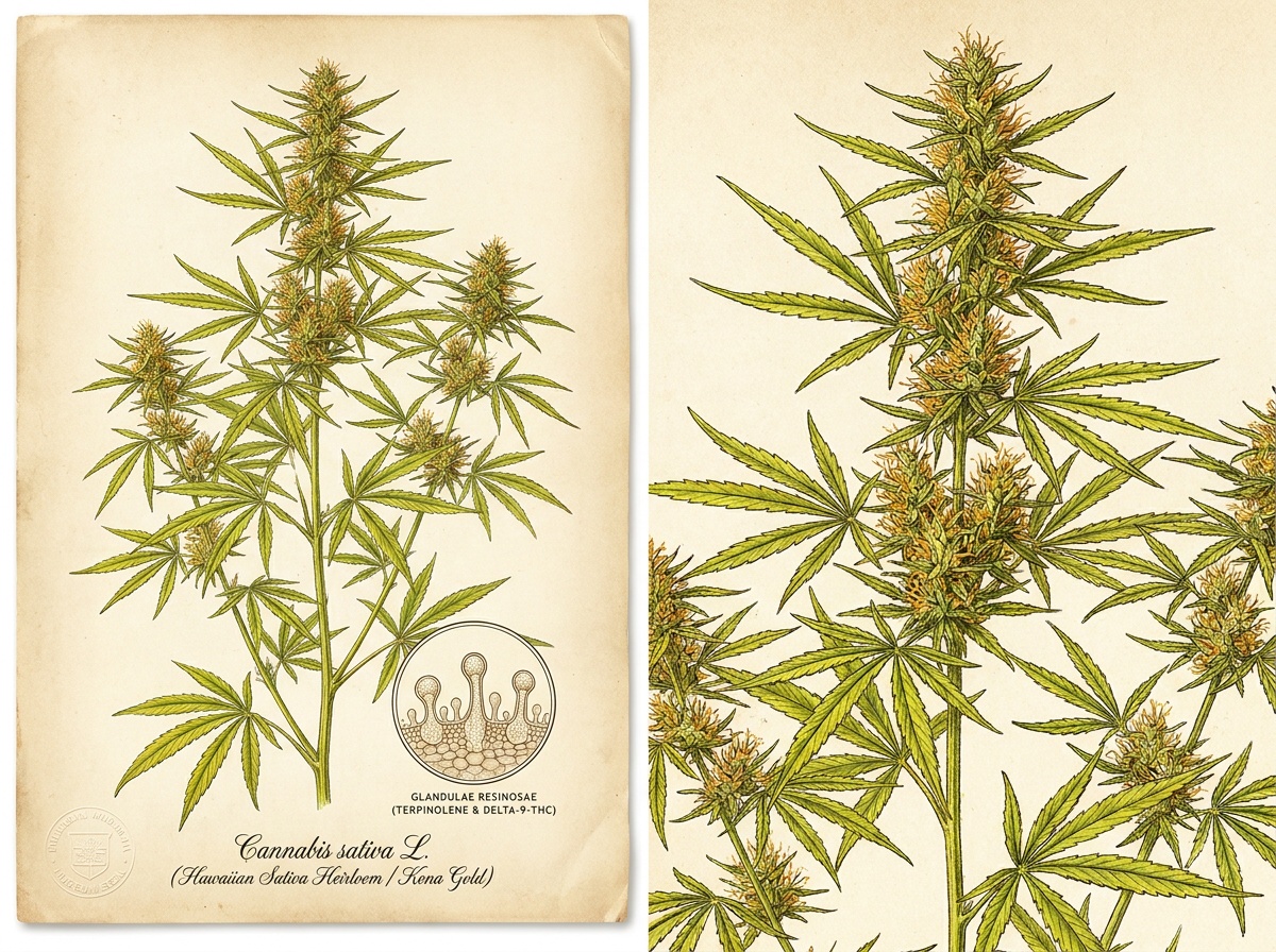 Cannabis sativa L. Kona Gold Botanical Plate