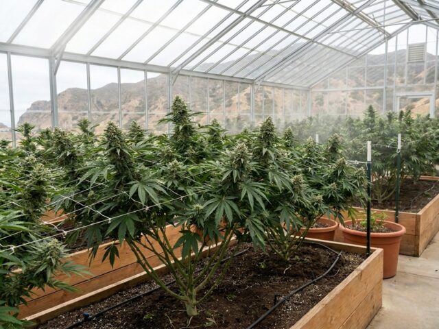 Plate I: Commercial greenhouse cultivation banner of mature flowering Kosher Kush canopy