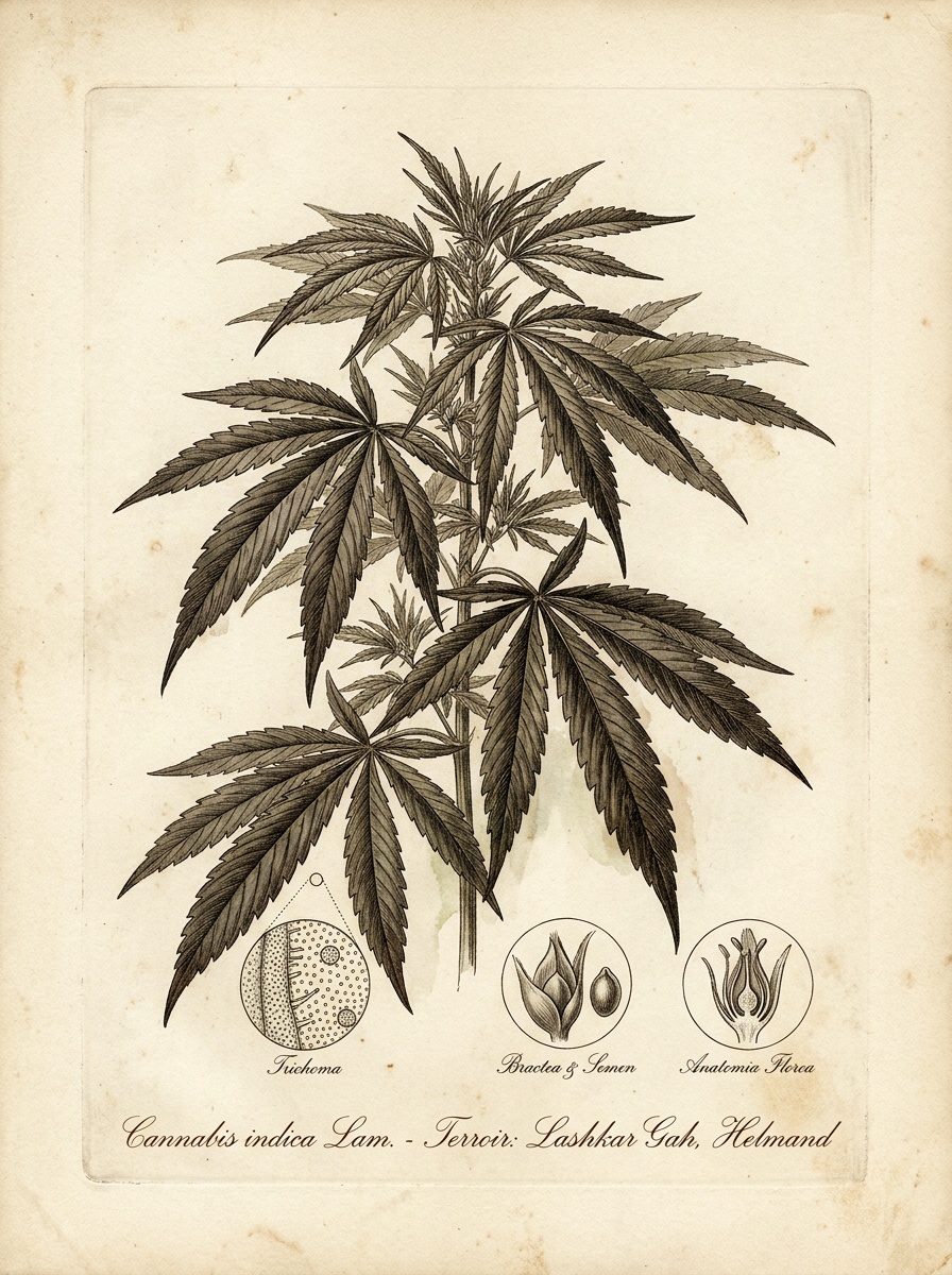 Lashkar Gah Indica Botanical Plate - Cannabis indica Taxonomic Illustration