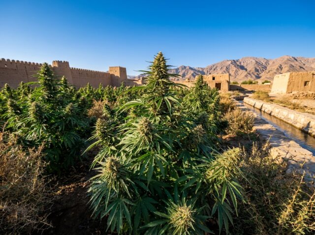 Resinous Cannabis sativa subsp indica var afghanica Mazar Extra flourishing in the fertile oasis of Mazar-i-Sharif in Balkh Province northern Afghanistan