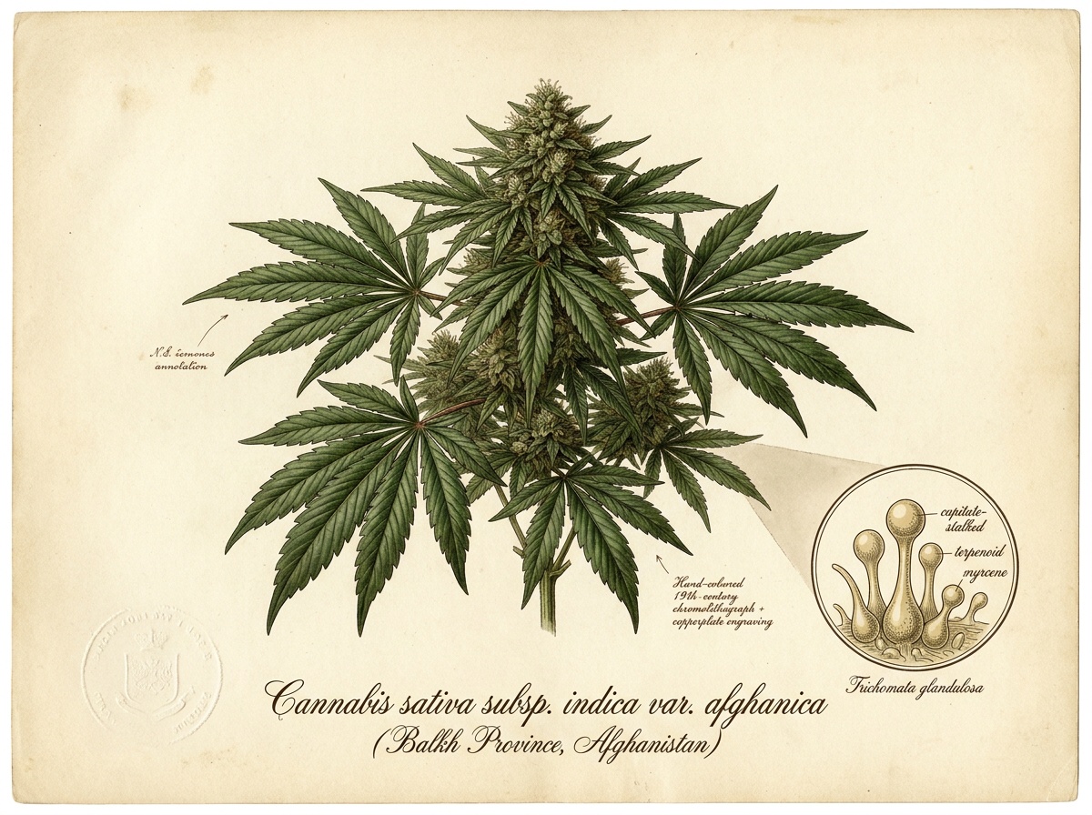 Antique scientific botanical illustration of Cannabis sativa subsp indica var afghanica Mazar Extra from Balkh Province Afghanistan