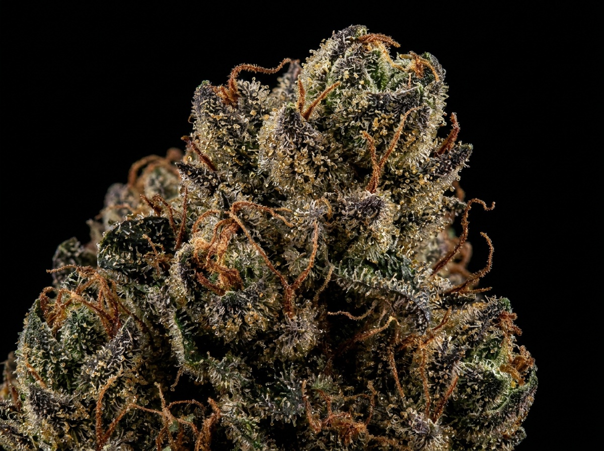 Extreme macro photography of cured Cannabis sativa var afghanica Mazar Extra floral calyx cluster with resin glands