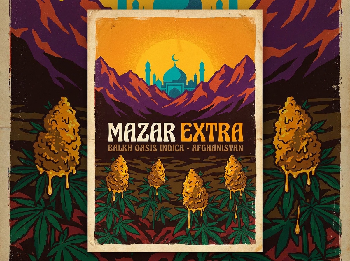 Vintage silkscreen travel poster celebrating Mazar Extra Balkh Oasis and ancient Afghan hashish heritage