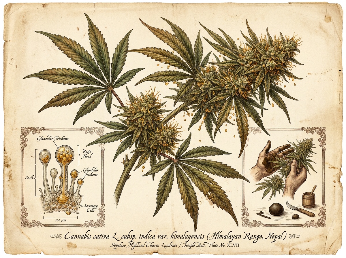 Botanical Chromolithograph Plate Cannabis sativa subsp indica var himalayensis Nepalese Temple Ball