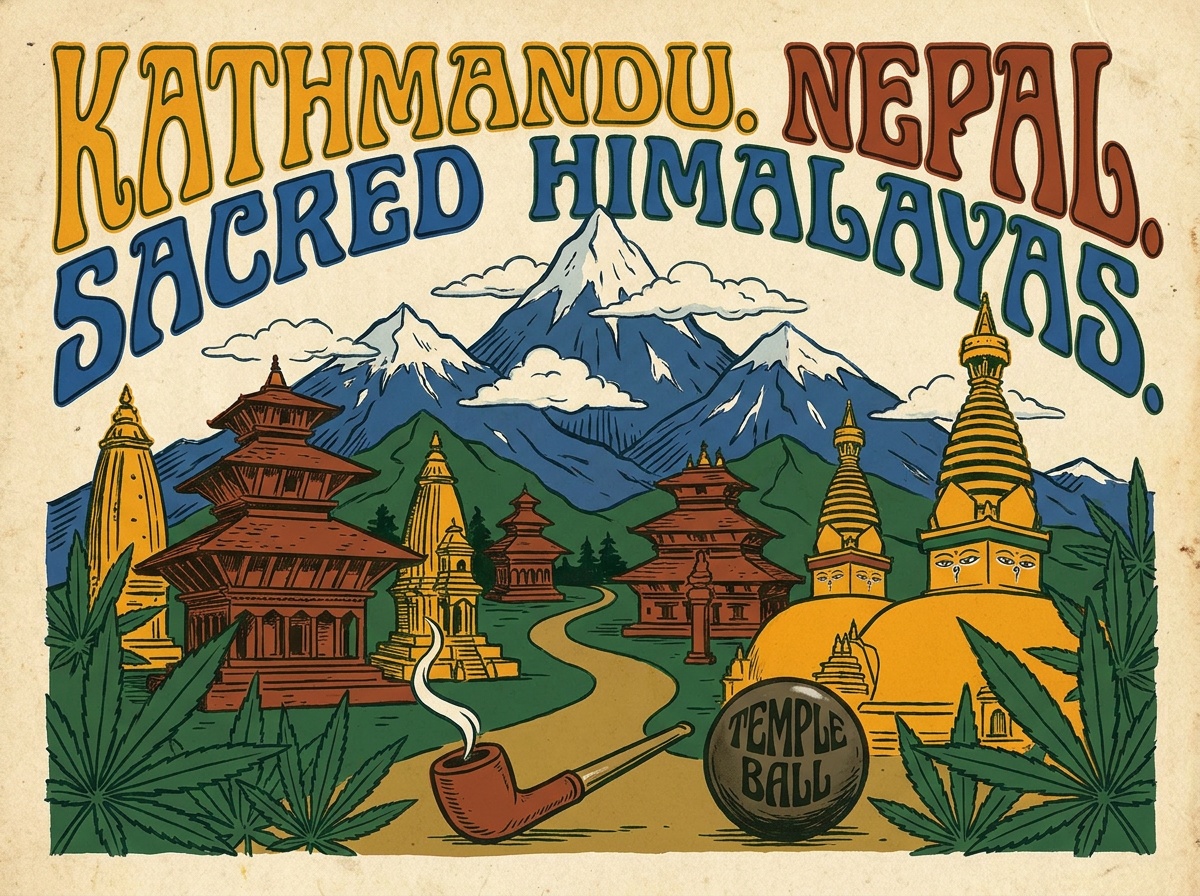 Vintage Silkscreen Counterculture Travel Poster Nepal Kathmandu Himalayan Charas Heritage