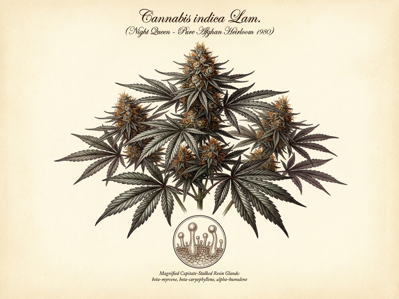 Cannabis indica Night Queen Botanical Taxonomic Plate