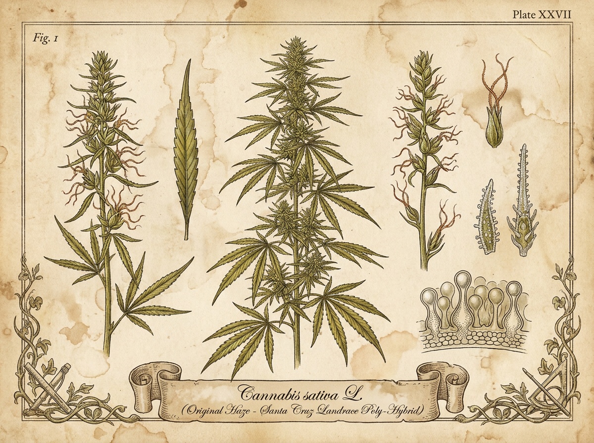 Cannabis sativa Original Haze antique 19th-century botanical engraving plate