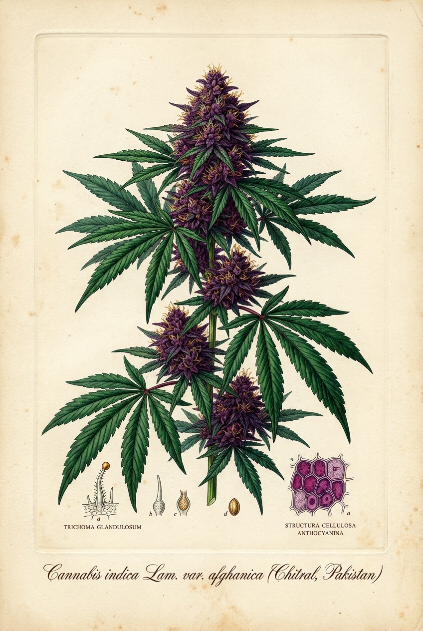 Pakistan Chitral Kush Botanical Plate - Cannabis indica Taxonomic Illustration