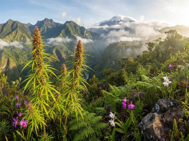High-definition botanical landscape photography banner of Cannabis sativa Punto Rojo in Tierra Adentro, Colombia