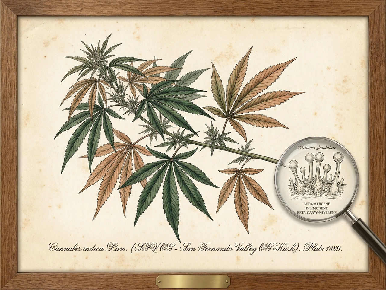 Antique chromolithograph scientific botanical plate of SFV OG San Fernando Valley OG Kush
