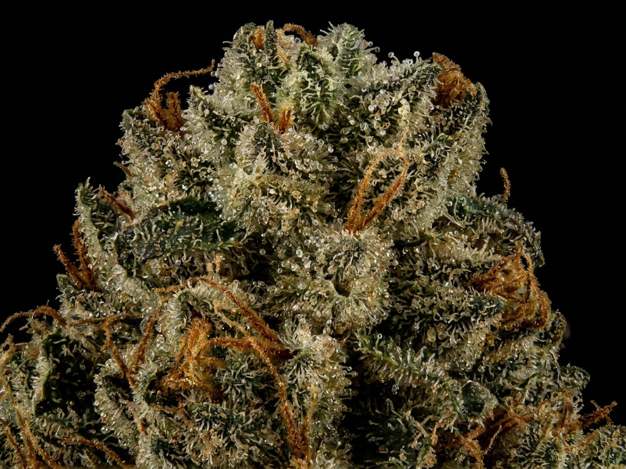 Extreme macro photography of cured SFV OG calyx cluster showing glandular trichomes