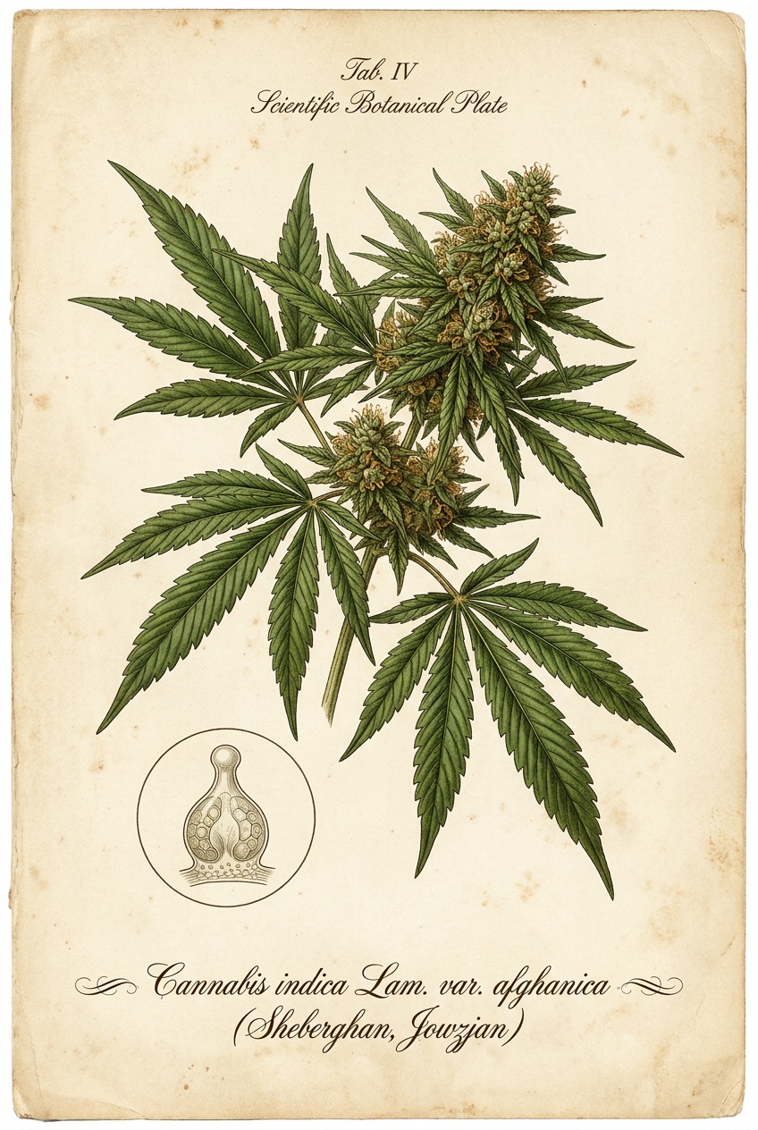 Sheberghan Landrace Botanical Plate - Cannabis indica var. afghanica Taxonomic Illustration