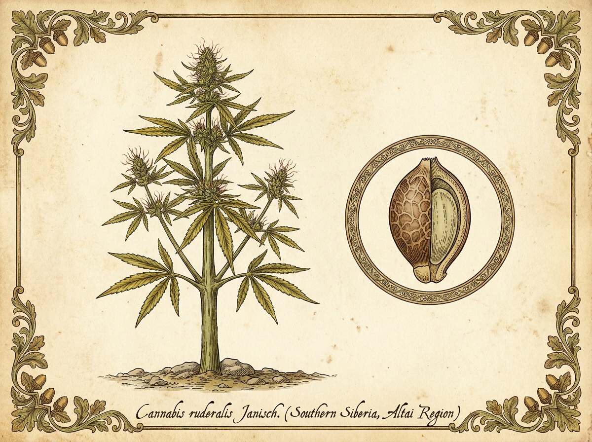 Cannabis ruderalis Janisch. Siberian Wild Landrace Botanical Plate