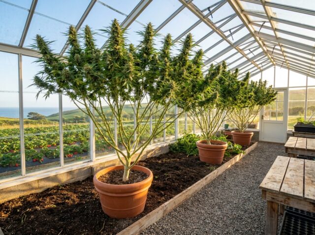 Cannabis sativa Strawberry Cough greenhouse cultivation canopy overlooking strawberry fields