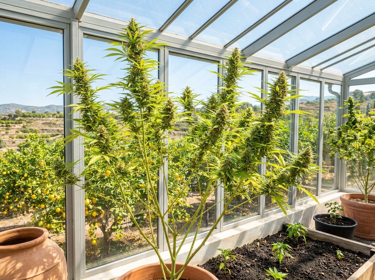 Cannabis sativa Super Lemon Haze sativa growing in Mediterranean glasshouse conservatory with citrus groves