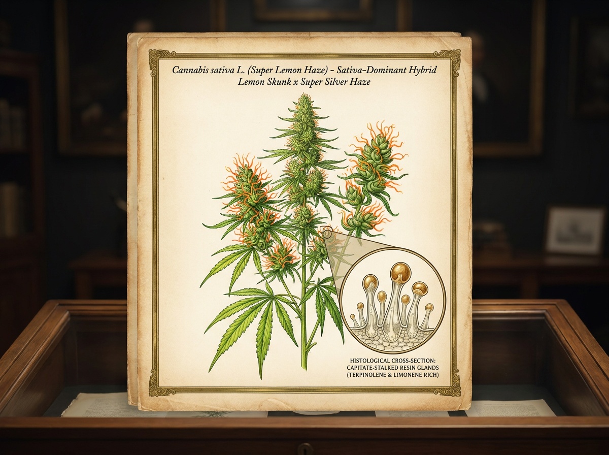 19th-century botanical chromolithograph engraving of Cannabis sativa Super Lemon Haze