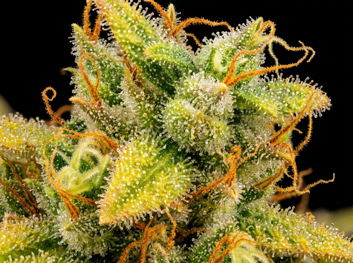 Extreme macro studio photography of cured Super Lemon Haze floral calyx with glandular trichomes