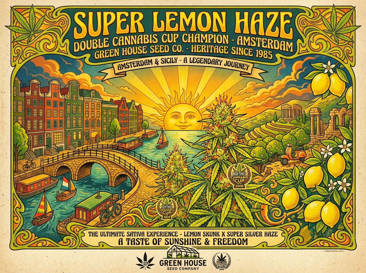 Vintage silkscreen counterculture poster celebrating Super Lemon Haze and Amsterdam cannabis cup heritage
