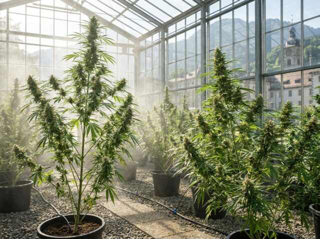 Super Silver Haze flowering in a high-tech conservatory with frosted silvery trichomes and candelabra structure