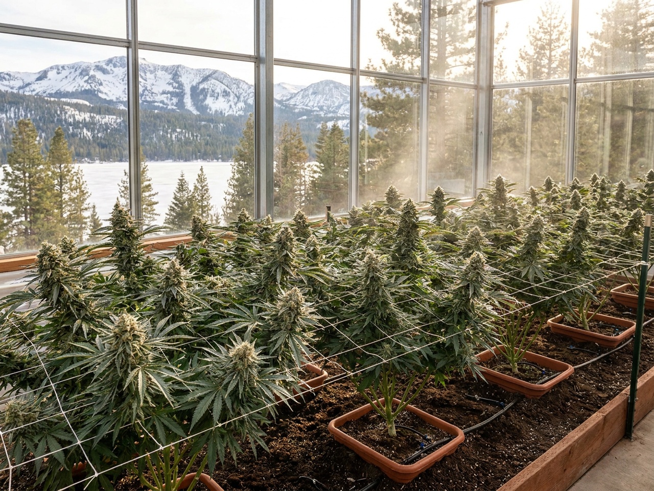Plate I: Commercial greenhouse cultivation banner of mature flowering Tahoe OG Kush canopy