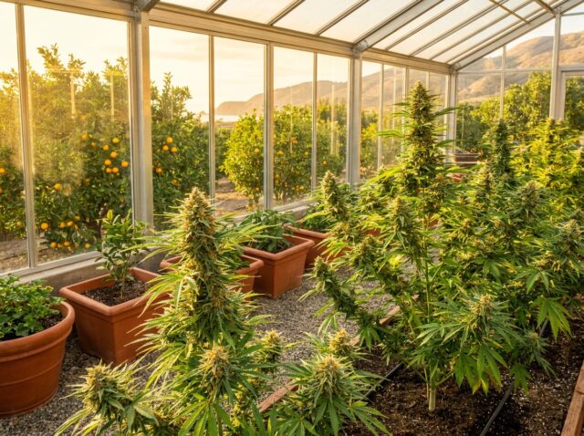 High definition botanical greenhouse canopy photography of Cannabis sativa Tangie overlooking California citrus groves