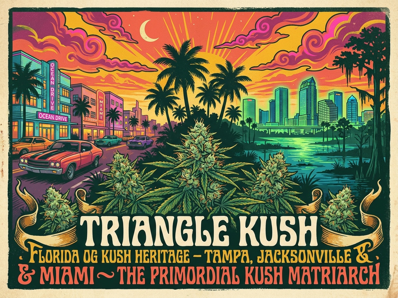 Plate IV: Vintage Silkscreen Counterculture Poster of Triangle Kush (Florida OG Kush Heritage)